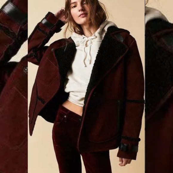 We The Free People Cassidy Cozy Jacket Burgundy Suede Coat Leather Sherpa Small - Picture 1 of 2